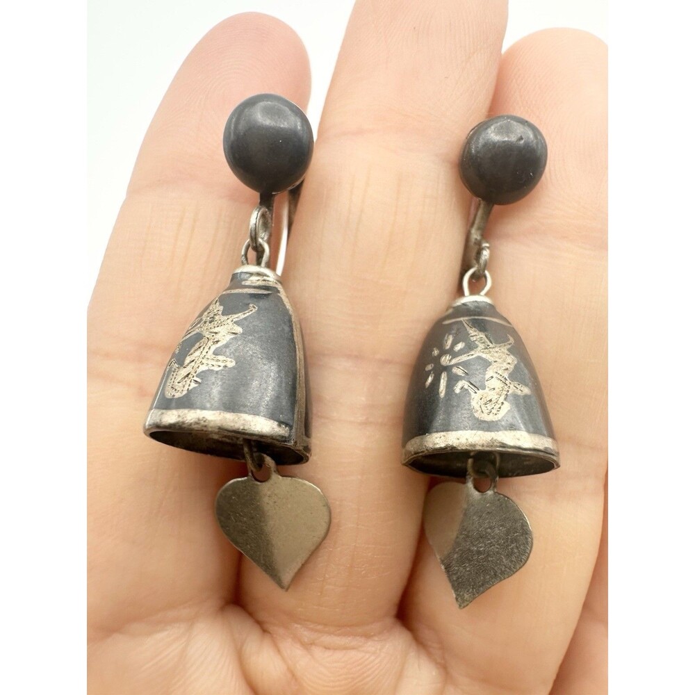 Siam Niello Sterling Silver Bell Earrings Vintage Screw Back Non Pierced
